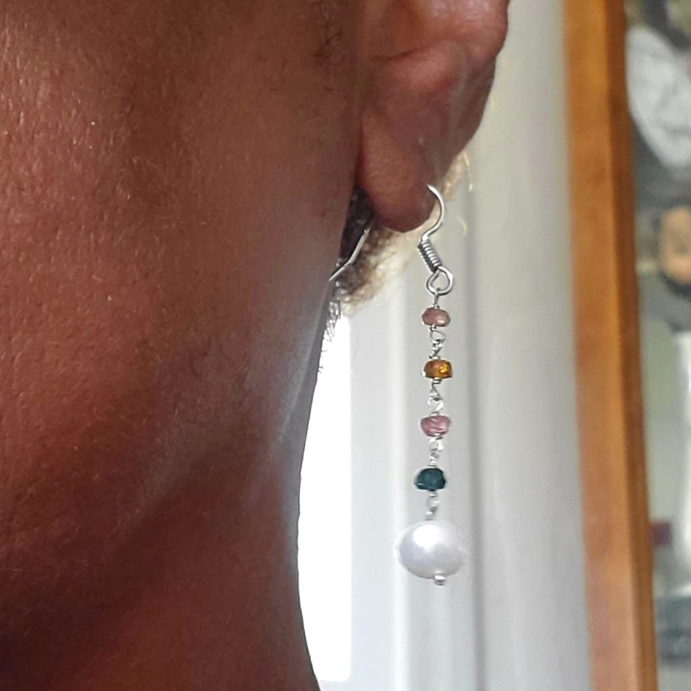 FreshwaterPearl & Multi-colored Genuine Sapphire Sterling Silver Dangle Earrings - Picture 3 of 7